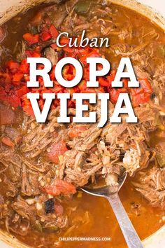 an image of a bowl of cuban ropa vieja soup with text overlay