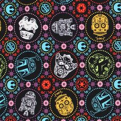 a black background with colorful skulls and other items on it's surface, including an image of a robot