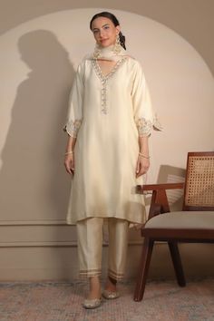 Ivory kurta with floral embroidered scallop hem sleeve and neckline. Paired with an embroidered hem pant and scallop border dupatta. - Aza Fashions Wedding Salwar Kameez With Embroidered Neckline For Eid, Eid Wedding Salwar Kameez With Embroidered Neckline, Festive Wedding Dupatta With Embroidered Neckline, Festive Embroidered Neckline Wedding Dupatta, Elegant Designer Salwar Kameez With Embroidered Neckline, Elegant Embroidered Salwar Kameez, Elegant Festive Salwar Kameez With Embroidered Neckline, Elegant Salwar Kameez With Embroidered Neckline, Wedding Salwar Kameez With Embroidered Neckline And Straight Kurta