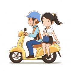 a man and woman riding on the back of a yellow scooter