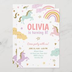 a unicorn birthday party card with rainbows, stars and clouds on the front that says oliva is turning 9