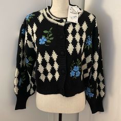 So Gorgeous. Never Worn! Vintage Black Sweater For Spring, Black Vintage Sweater For Spring, Vintage Black Cardigan For Spring, Black Embroidered Long Sleeve Cardigan, Black Embroidered Cardigan For Fall, Embroidered Black Cardigan For Fall, Zara Casual Outerwear With Floral Embroidery, Zara Black Long Sleeve Cardigan, Zara Black Cardigan For Fall