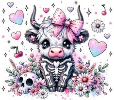 a cow with a pink bow sitting next to a skull and flowers on a white background