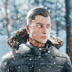 an animated character in the snow with his eyes open