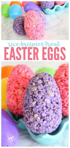 rice krispies treat with easter eggs in the middle and an egg shell on top