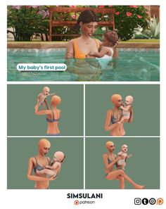 an image of a woman holding a baby in her arms and the caption says, my baby's first pool