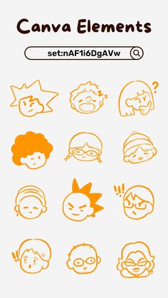 an orange and white line drawing of different facial expressions on a cell phone screen with the caption canva elements