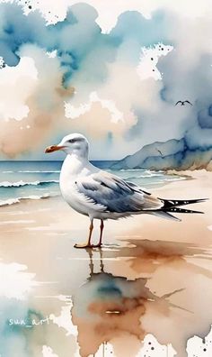 a painting of a seagull standing on the beach with clouds in the background