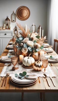 a wooden table topped with lots of plates and place settings