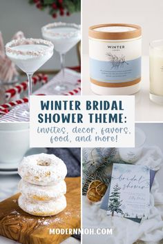 the winter bridal shower theme is featured in this collage with drinks and desserts