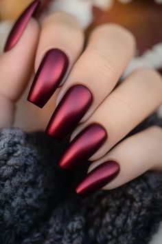 Discover stunning burgundy chrome nail designs, from minimalist art to glitter accents and wedding styles. Perfect for every occasion! Trending Nails 2020 Summer, Matte Red Chrome Nails, Simple Fall Designs Nails, Nails For Formal Wedding, Metallic Color Nails, Cherry Coke Nail Color, Fall Reds For Nails, Halloween Colour Nails, Red Chrome French Tip Nails Square