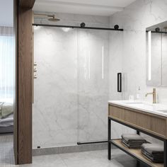 a bathroom with marble walls and flooring next to a walk - in shower stall