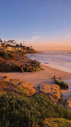 the beach is lined with green plants and rocks, along with some houses in the distance