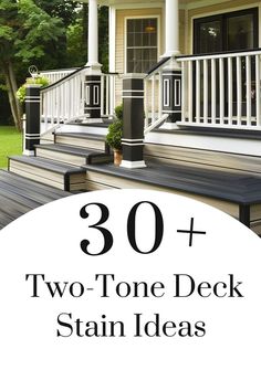 A beautifully designed deck with contrasting white railings and dark stained flooring, offering 30+ two-tone deck stain ideas for your home. Deck With Black Railing Ideas, Painting Porch Railing, Deck Staining Tips, Porch Railing Paint Ideas, Two Tone Porch Colors, Two Tone Front Porch, Deck Stain Ideas Black Railing, Stained Deck Painted Railing, Deck Color For Dark Grey House