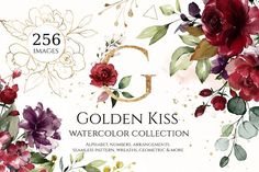 the golden kiss watercolor collection includes roses, leaves and other floral elements to create an elegant