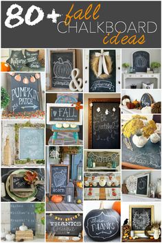 a collage of chalkboard pictures with pumpkins and fall decorations