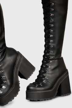 Lace Up Knee Boots, Killstar Boots, High Heal Boots, Killstar Shoes, Platform Boots Outfit, High Heel Platform Boots, Tall Combat Boots, Demonia Boots, Laced Boots