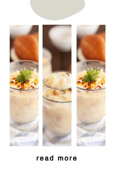 three different shots of food in glasses with the words read more below them to learn how to make it