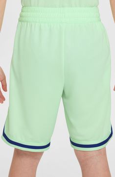 Ready to play in any activity, these lined athletic shorts wick away sweat and sport handy pockets to hold your young athlete's gametime essentials. 7 1/2" inseam; 20" leg opening; 10 1/2" front rise; 12 1/2" back rise (size medium) Elastic/drawstring waist Front slant pockets; side-seam zip pocket Lined Dri-FIT moisture-wicking technology 100% polyester Machine wash, dry flat Imported Nike Sportswear Shorts For Sports Events, Nike Moisture-wicking Shorts For Sports Events, Nike Shorts For Sports Events, Green Training Shorts With Elastic Waistband, Moisture-wicking Shorts For Sports Season, Team-colored Training Shorts, Team-colored Moisture-wicking Sportswear Shorts, Nike Moisture-wicking Nylon Athletic Shorts, Team-colored Training Bottoms Short