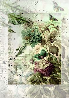 an artistic painting with flowers and butterflies on the bottom right corner, in shades of green