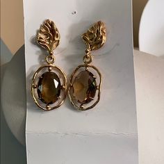 Gold \Brown Quartz Gemstone . Pierced Earrings Brown Gemstone Drop Earrings, Elegant Oval Brown Earrings, Elegant Brown Crystal Earrings Gift, Fan Earrings, Bee Earrings, Swarovski Crystal Earrings, Cz Earrings, Cross Earrings, Holiday Jewelry