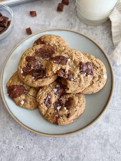 chocolate chip cookies on a plate next to a glass of milk