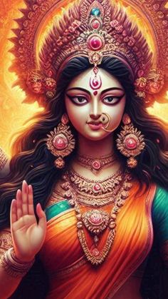 the hindu goddess with her hands up in front of her face and arms outstretched out