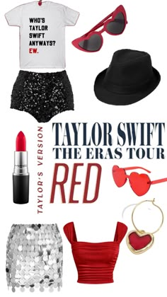 taylor swift the eras tour poster with red lipstick, sunglasses and t - shirt on it