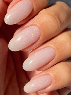 Bubble Bath With Sparkle Nails, Sparkly Blush Nails, Bubble Bath Nails With Sparkles, Cream Sparkly Nails, Subtle Pink Sparkle Nails, Shimmery Gel Nails, Funny Bunny Sparkle Nails, Translucent Sparkle Nails, Pink Glittery Nails Almond