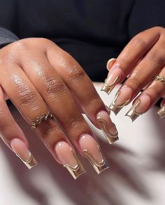 Gold Chrome Nails, Chrome Nails Designs, Gold Nail Designs, Metallic Nails, Pink Acrylic Nails, Square Acrylic Nails, Prom Nails