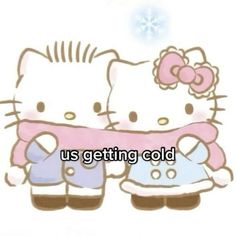 an image of two hello kitty cartoon characters with the caption, us getting cold