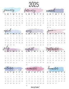 the printable calendar for january and december with watercolor brush strokes on white paper