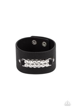 Two rows of oversized white rhinestones are studded in place across the center of a thick black leather band, creating a sassy centerpiece around the wrist. Features an adjustable snap closure. Sold as one individual bracelet. Trendy Fringe, Paparazzi Accessories Jewelry, Snap Bracelets, Black Bracelets, Paparazzi Accessories, White Rhinestone, Black Necklace, Paparazzi Jewelry, Silver Stars