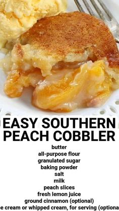 an advertisement for peach cobbler on a white plate