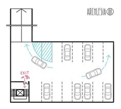 the floor plan for an office building with several cars parked in it and two people walking around