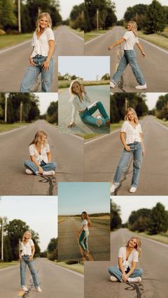 a collage of photos showing a woman sitting on the side of a road with her hands in her pockets