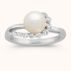 6mm Akoya Pearl and Diamond Ring in 14k White Gold | Shane Co. Fine Jewelry White Gold Pearl Ring With Halo Setting, White Gold Pearl Ring With Halo Setting, White Gold Pearl Ring With Halo Setting For Promise, Elegant Diamond Pearl Ring With Halo Setting, Anniversary White Gold Pearl Ring With Halo Setting, Formal Pearl Ring With Diamond Halo Design, Pearl Ring With Diamond Halo Setting, White Gold Pearl Ring With Halo Design For Anniversary, Formal White Gold Pearl Ring With Halo Design