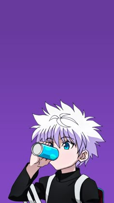 an anime character with white hair and blue eyes holding a cell phone to his ear