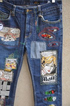 denim patchwork Way cute! Redone Jeans, Vintage Boyfriend Jeans, Jeans Patch, Patched Denim Jeans, Ripped Jeggings, Hipster Jeans, Blue Denim Pants, Denim Ideas, Trendy Swimwear