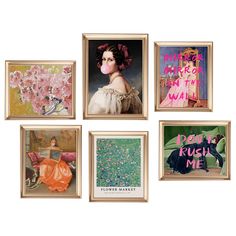 four framed art pieces with pink flowers and words on the sides, each featuring an image of a woman's face