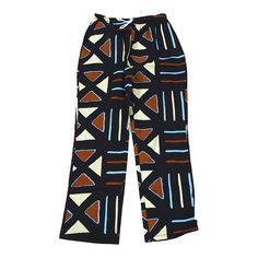 Bold and stylish, these African Print Drawstring Pants makes an authentically African and comfortable addition to any wardrobe. The pants have an adjustable drawstring waist and convenient pockets. They come in your choice of five styles. Style A features black and white traditional mud print designs. Style B features a paneled design with alternating geometric patterns in orange, black, white, and red. Style C features black pants with a geometric pattern of triangles and lines in light blue, r Black And White Traditional, Pants With Pockets, Red Style, African Design, Printed Drawstring, Drawstring Pants, Geometric Designs, Geometric Patterns, African Print