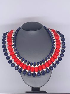 Vintage MIRIAM HASKELL Patriotic Red, White, and Blue Statement Necklace 15"  32mm wide  It's a rare piece, don't wait to add this stunning piece to your collection.  We are open to any reasonable offers, please let us know if you have any questions (: We will ship the necklace in a gift box  We are always adding new and exciting pieces by different designers please check our Etsy store Bold Red Handmade Necklace, Handmade Bold Blue Jewelry, Bold Handmade Blue Jewelry, Blue Statement Necklace, Blue Accessories, Miriam Haskell, Chicago Il, Red White And Blue, Favorite Jewelry