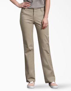 Relaxed Straight Stretch Twill Pants, designed to fit a woman’s shape. The contoured waistline keeps you comfortable and naturally hits just below the waist. There’s extra room in the seat and thigh for added comfort. Made from 97% cotton and 3% spandex, the material will be soft to the touch, and will give you the perfect amount of stretch to bend and move as you please. Dickies’ pant has tried-and-true durability and pockets with enough storage place to keep you ready for anything. Fit: Slim t Khaki Pants Women, Dickies Women, Color Pants, Womens Khakis, Dickies Pants, Colored Pants, Twill Pants, Pants Womens, Lifestyle Clothing