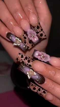 @toptierprincess Nail Inspiration Birthday, Fall Y2k Nails, Purple And Brown Nails, Pink And Brown Nails Design, Nails Cute Aesthetic, Cheetah Print Nails, Leopard Print Nails