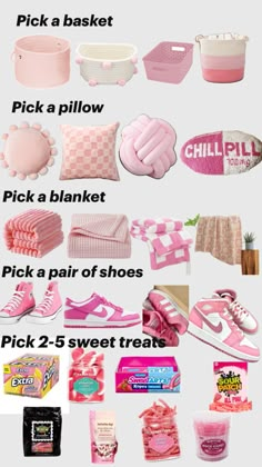 a bunch of items that are pink and white