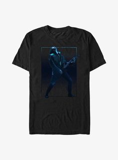 a black t - shirt with an image of a man holding a guitar