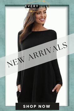 Black Oversized Batwing Sleeve Sweater Dress Casual Black Batwing Sleeve Dress, Oversized Solid Color Dresses For Fall, Casual Black Dress With Batwing Sleeves, Black Oversized Crew Neck Dress, Oversized Black Dress With Crew Neck, Oversized Plain Dress For Fall, Oversized Plain Dresses For Fall, Batwing Sleeve Sweater, Sweater Dresses