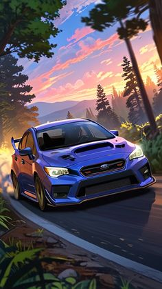 a blue subarunt driving down a road in the woods at sunset or dawn