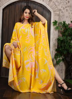 CaftansSilk Long Kaftan With Vibrant Print For Vacation, Yellow Beachwear Kaftan For The Beach, Flowy Yellow Maxi Dress For Beachwear, Yellow Flowy Beachwear Dress, Patterned Long Kaftan For Beach, Long Patterned Kaftan For Beach, Beachwear Kaftan With Vibrant Print And Kimono Sleeves, Yellow Long Kimono For Summer, Yellow Bohemian Kimono For Vacation