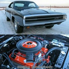 two pictures of an old car with the hood up and the engine in the front